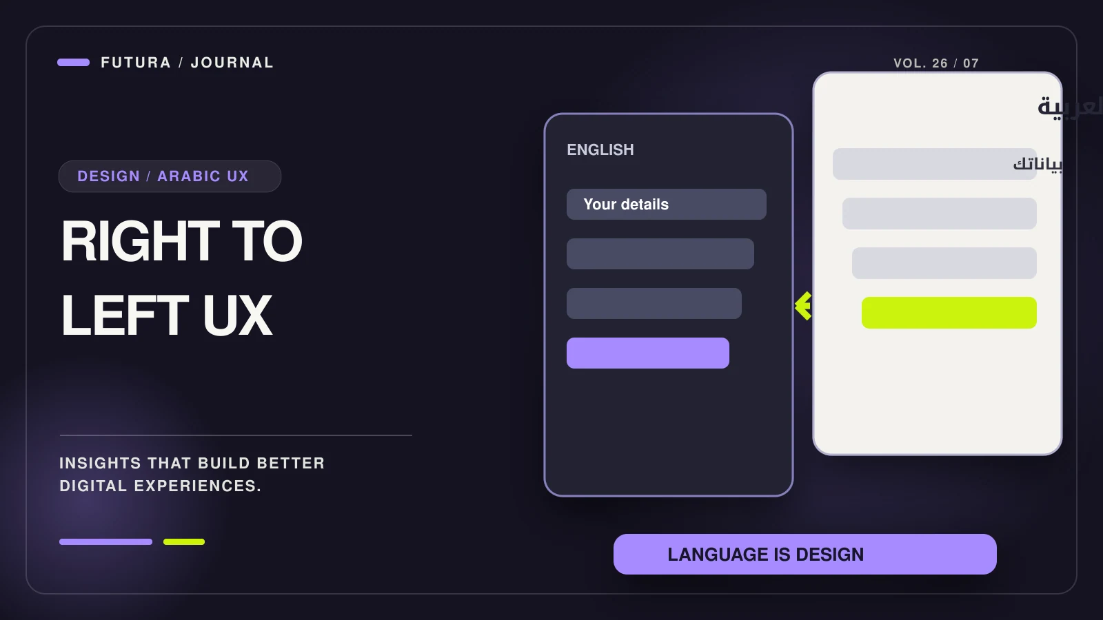 Two sharply contrasting English LTR and Arabic RTL interface layouts connected by a directional language control.