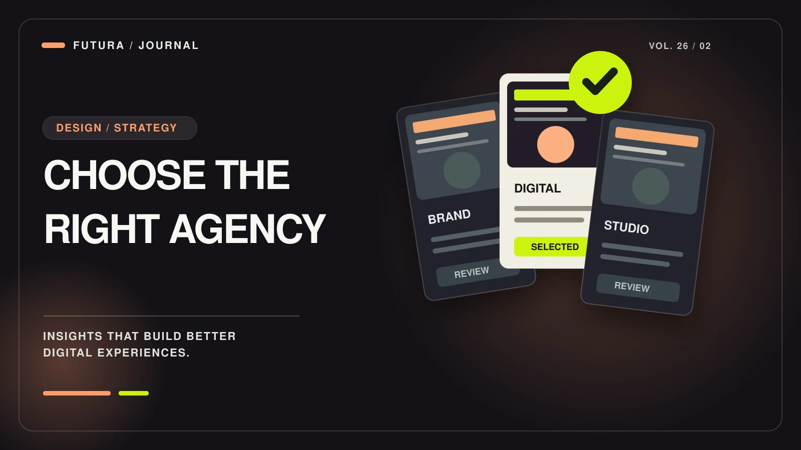 Three distinct creative agency portfolio boards, with the selected agency identified by an oversized lime checkmark.