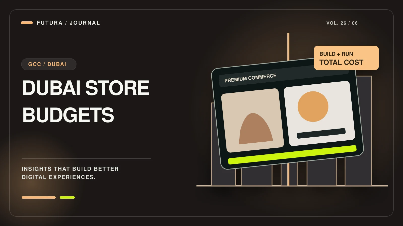 Modern Dubai skyline silhouettes behind a premium retail storefront and transparent cost-allocation card.