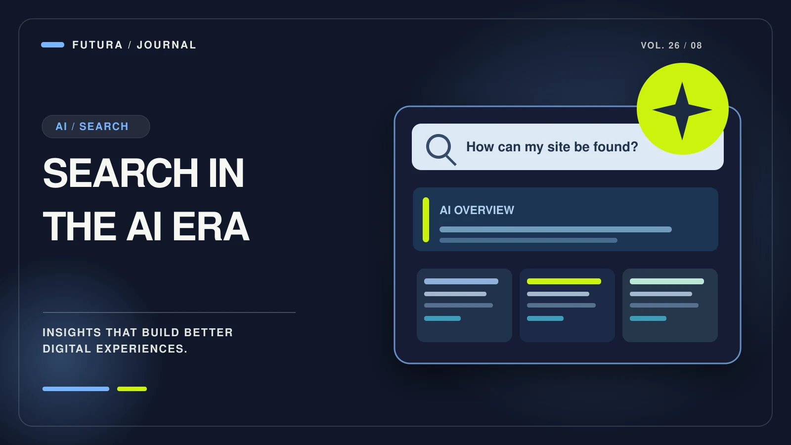 Futuristic AI search result page with a concise overview, three sourced result panels and a luminous signal motif.
