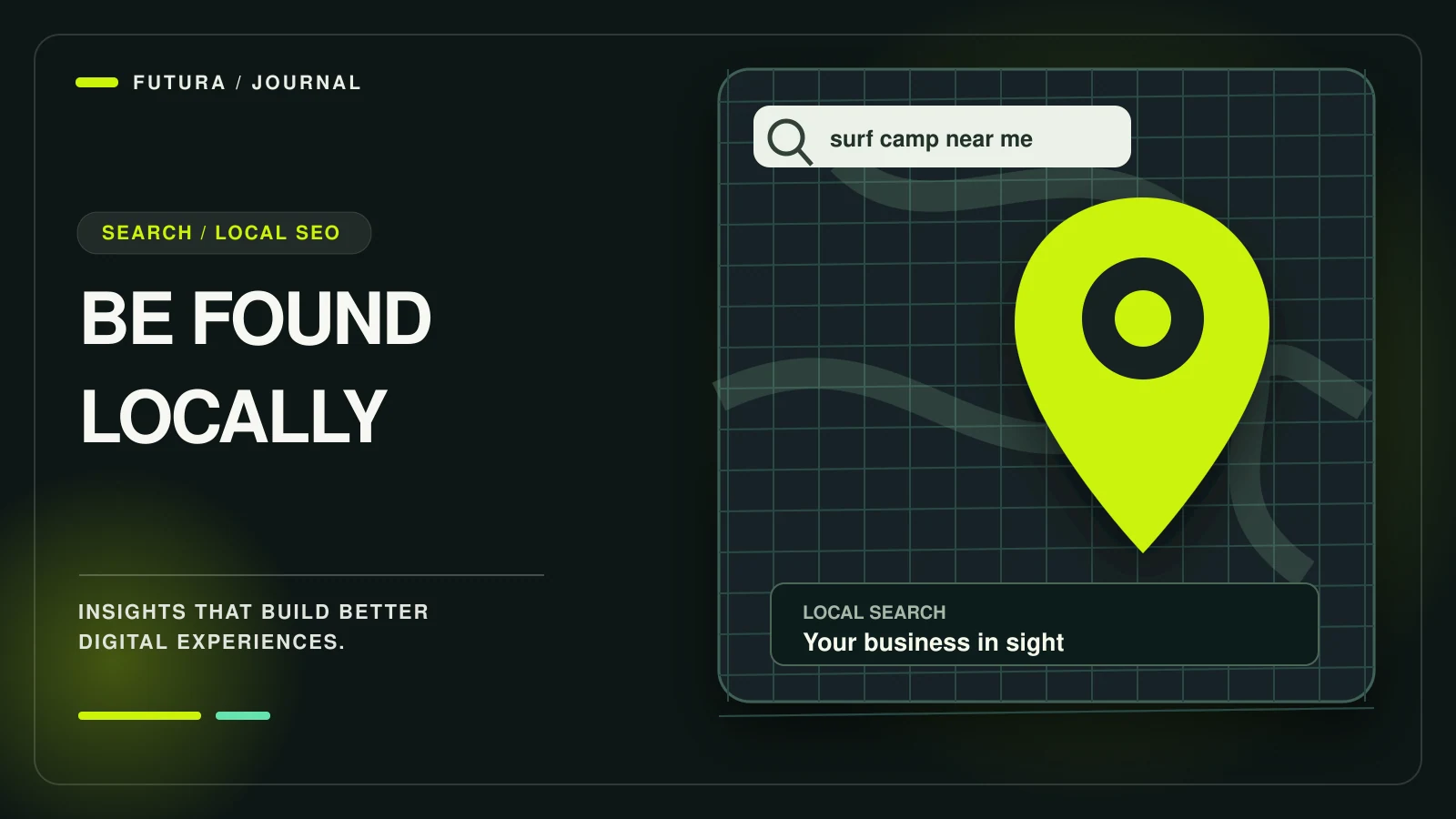 Illustrated local-search map with luminous location pin, organic route lines and a search result for nearby businesses.