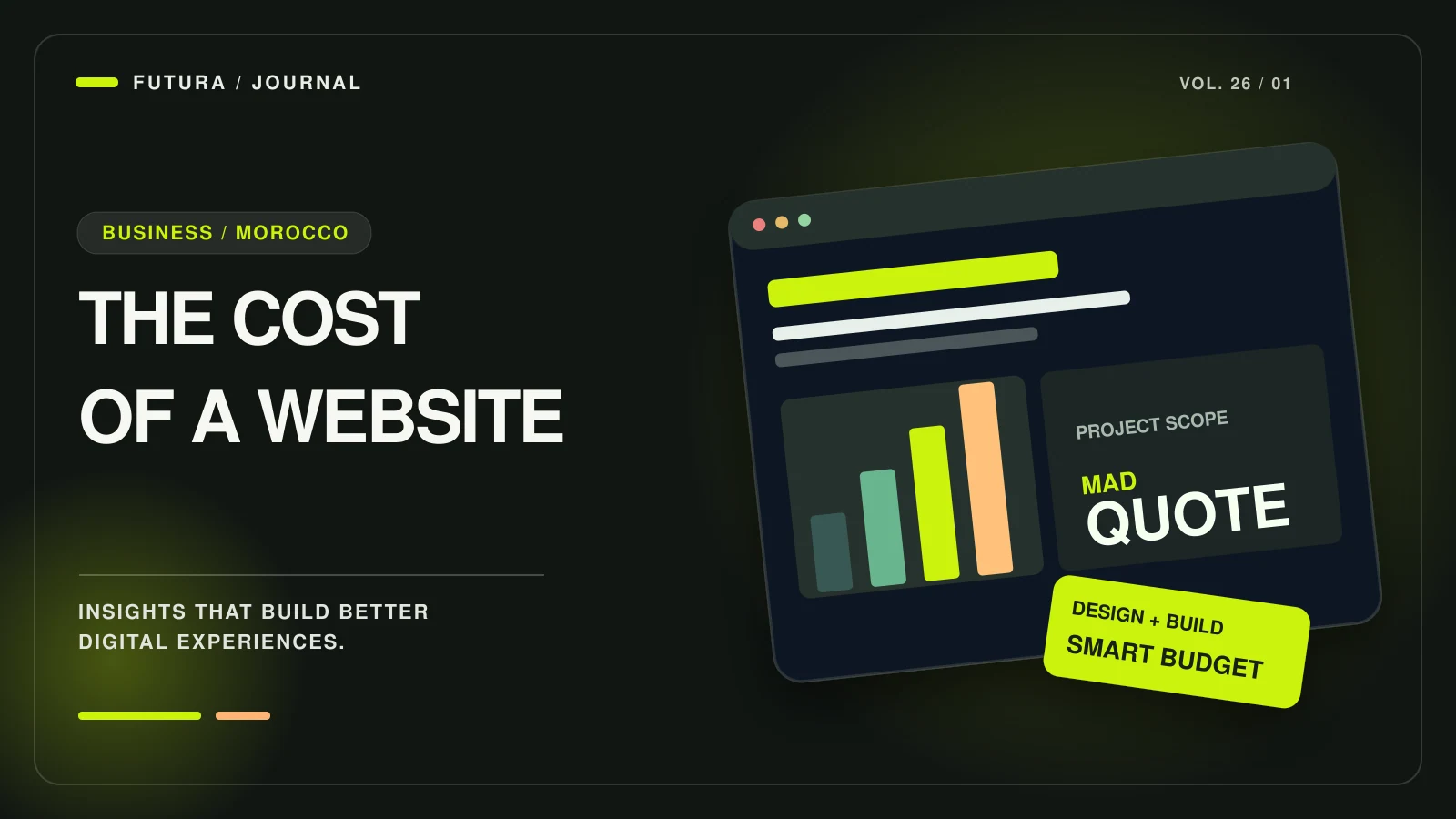 Editorial website-budget composition with a premium browser mockup, modular scope bars and a lime MAD cost marker.