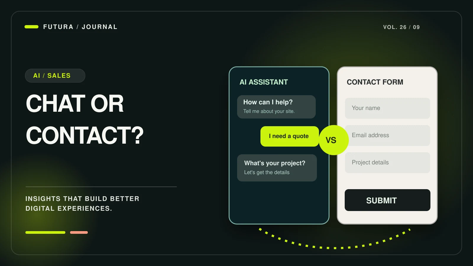 Side-by-side AI conversation and enquiry-form interfaces, visually comparing the two ways to qualify a lead.