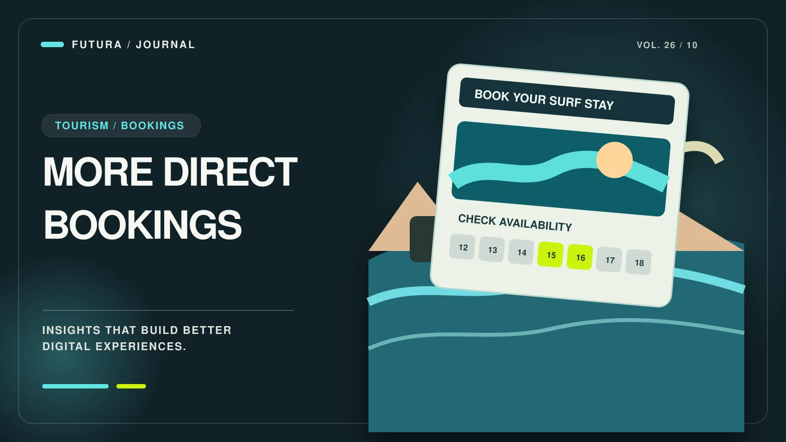 Surf-camp booking website prototype floating above a stylized coastal wave scene with an availability calendar.